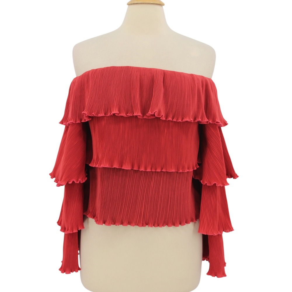 Lovers + Friends Pleated Off The Shoulder‎ Blouse Red Tiered Ruffle Small